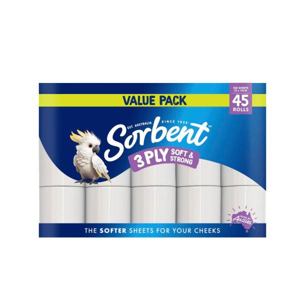 Sorbent 3 Ply Soft & Strong Silky White Toilet Paper 45 Pack product image
