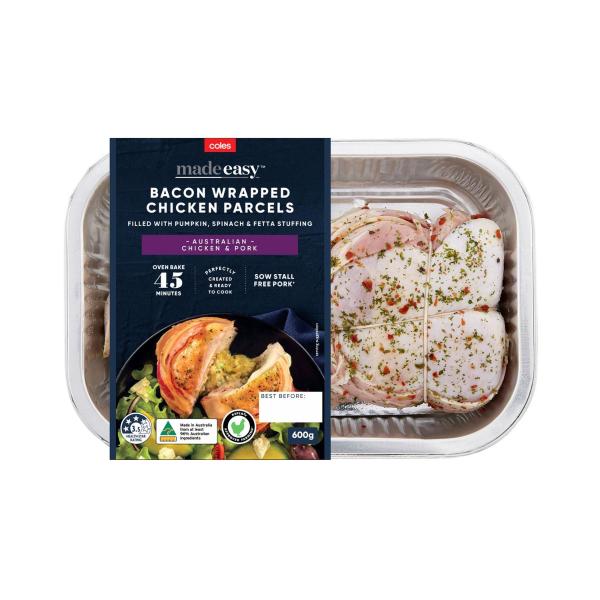 Coles Made Easy Bacon Wrapped Chicken Parcels With Pumpkin Spinach & Fetta Stuffing 600g product image