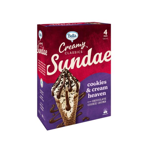 Bulla Creamy Classics Cookies & Cream Heaven Sundae Cones 580ml | 4 Pack – Coles