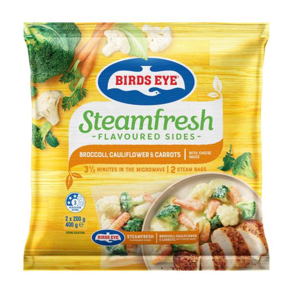 Birds Eye Steam Fresh Broccoli Cauliflower & Carrot Mix With Cheese Sauce 2 Pack 400g product image