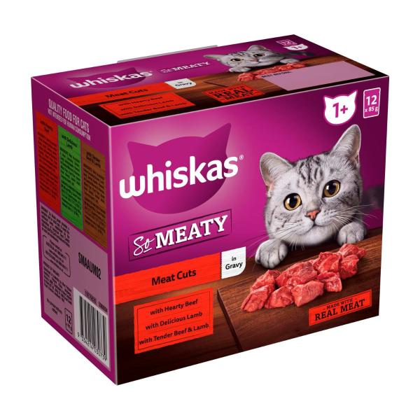 Whiskas Adult 1+ Years So Meaty Wet Cat Food With Meat Cuts In Gravy 12x85g Pouch 12 pack product image