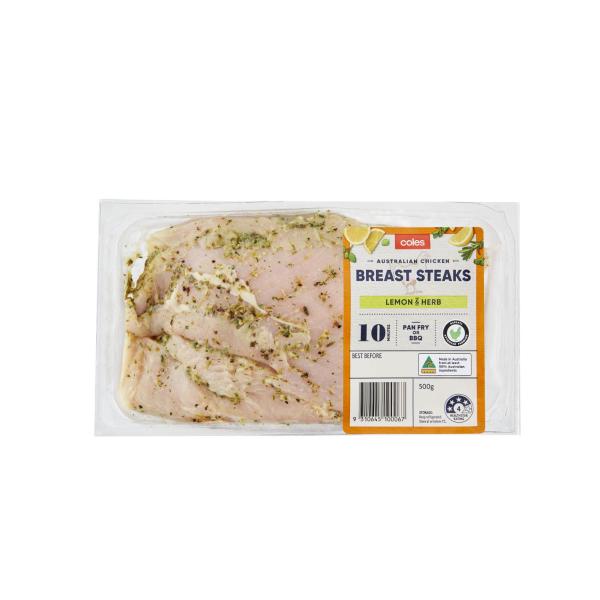 Coles RSPCA Approved Chicken Breast Steaks Lemon & Herb 500g