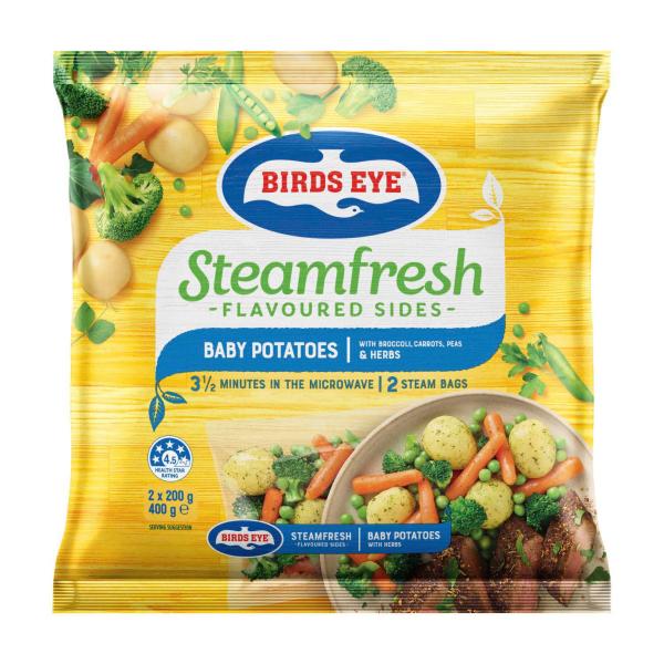 Birds Eye Steam Fresh Baby Potatoes Broccoli Carrot Peas & Herbs 2 Pack 400g product image
