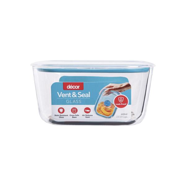 Vent & Seal Glass Leak Proof Container 600ml