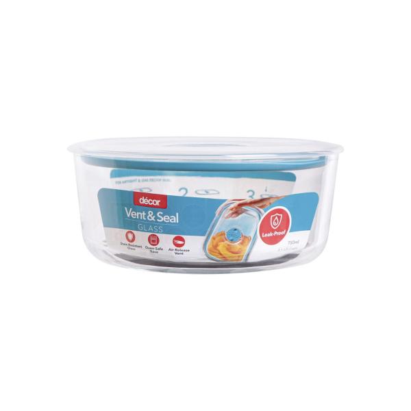 Vent & Seal Glass Leak Proof Round Container 750mL