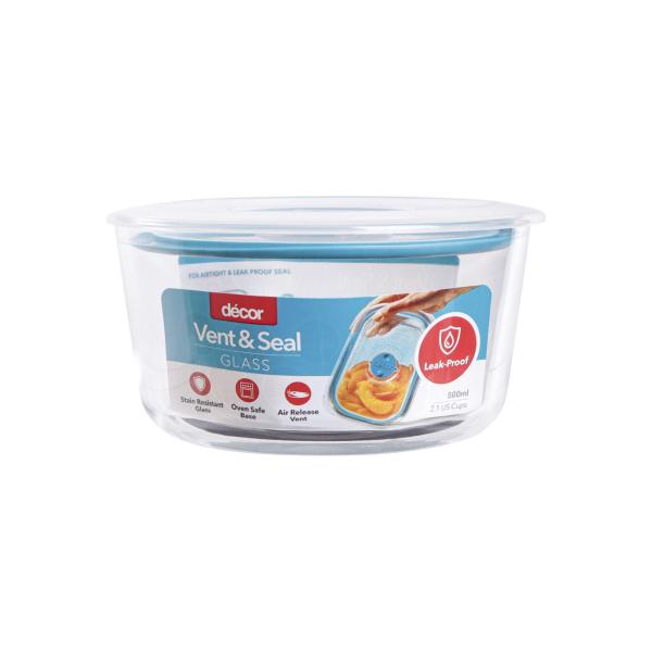 Vent & Seal Glass Leak Proof Round Container 500ml