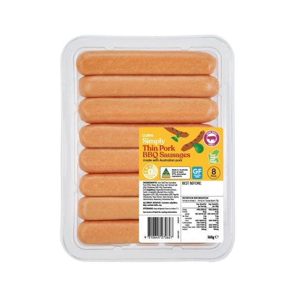 Coles Simply Thin Pork Bbq Sausages 560g product image