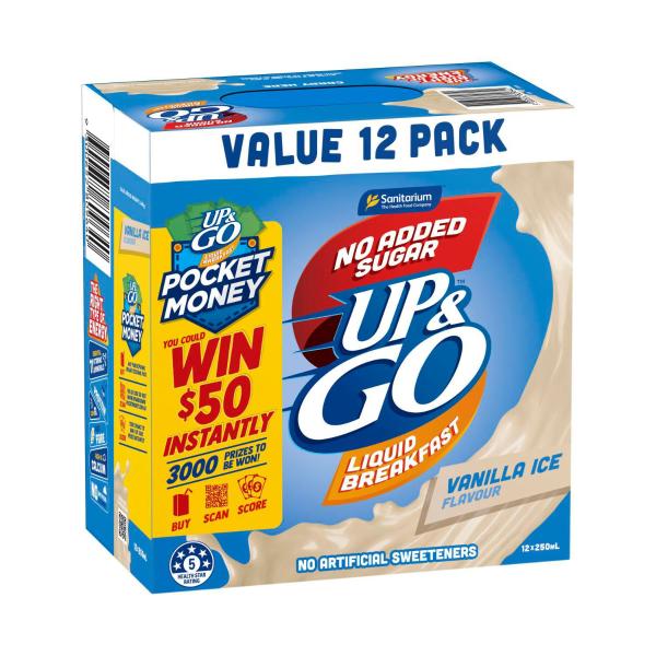 Up&go No Added Sugar Liquid Breakfast Fridge Vanilla Ice 12x250ml
