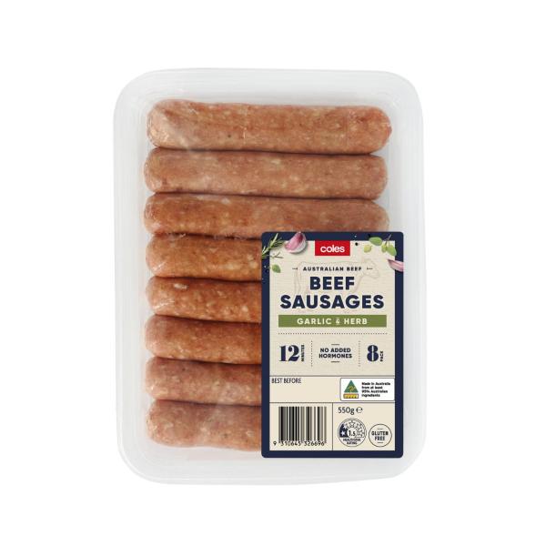 Coles Beef Garlic & Herb Sausages 550g