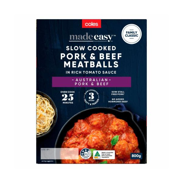 Coles Made Easy Family Classics Slow Cooked Pork & Beef Meatballs In Tomato Sauce 800g product image