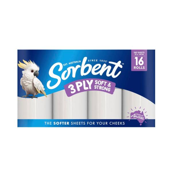Sorbent 3 Ply Soft & Strong Toilet Paper 16 Pack