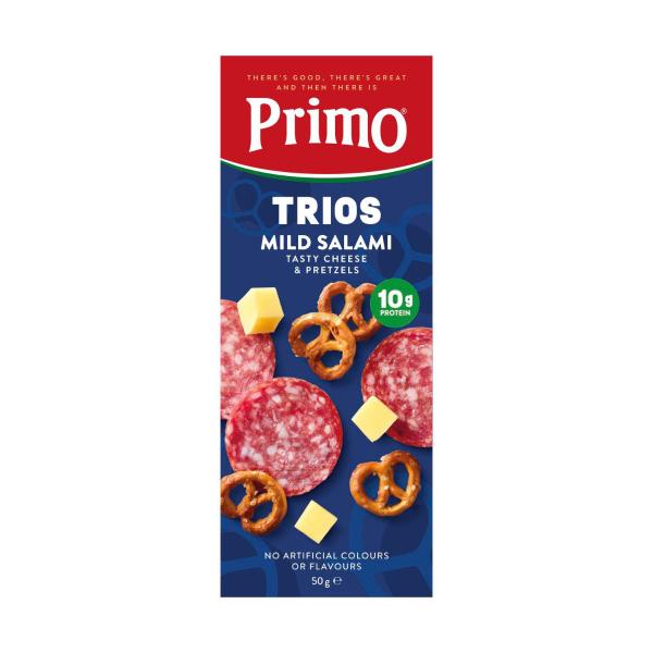 Primo Trios Mild Salami Pretzels & Tasty Cheese Cubes 50g product image