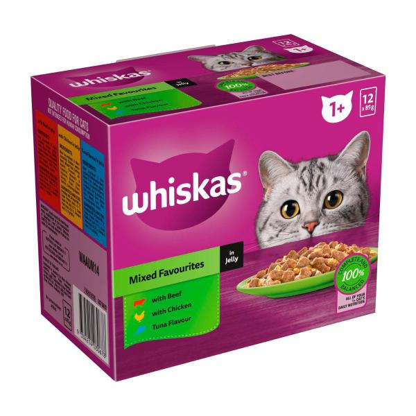Whiskas Adult 1 + Years Wet Cat Food Mixed Favourites In Jelly 12x85g Pouches 12 pack
