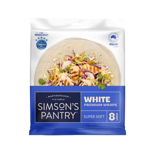 Simson's Pantry Preservative Free Premium White Large Wraps 8 Pack 528g
