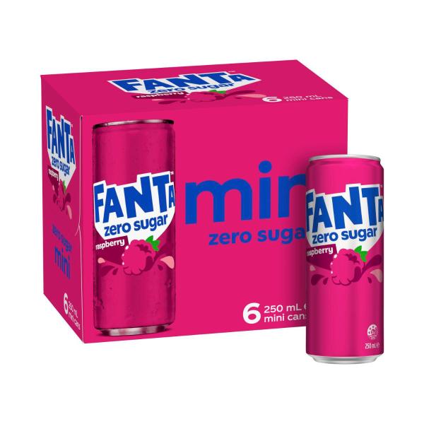 Buy Fanta Raspberry Zero Sugar Soft Drink Mini Cans 6x250ml 6 pack | Coles