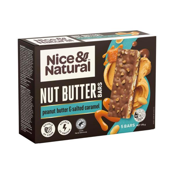 Nice & Natural Nut Butter Bars Peanut Butter & Salted Caramel Snacks 5 Pack | 175g – Coles