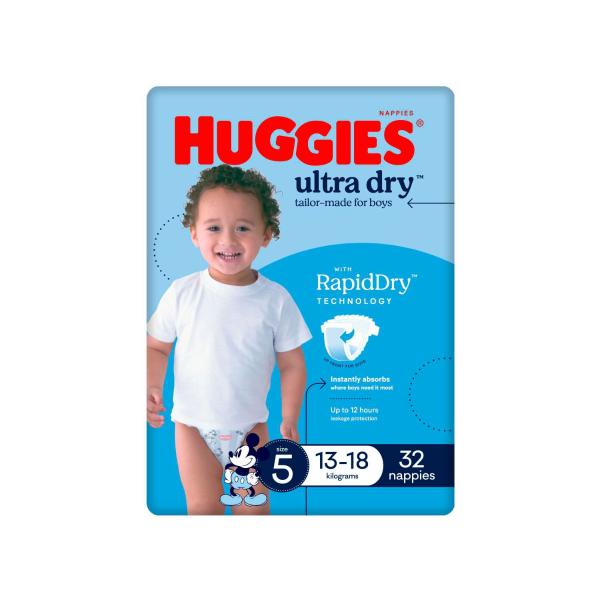 Huggies Ultra Dry Nappies Boys Size 5 (13-18kg) 32 Pack product image