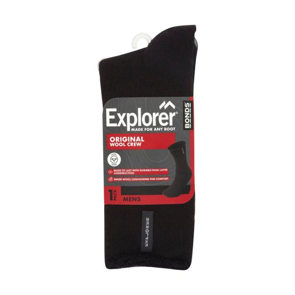 Explorer Mens Socks Original Wool Crew Black 11-14
