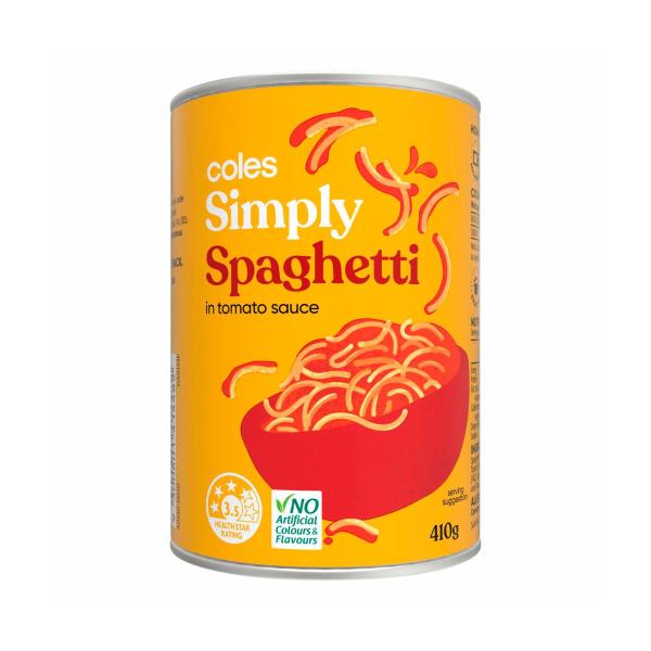 Coles Simply Spaghetti In Tomato Sauce 410g product image