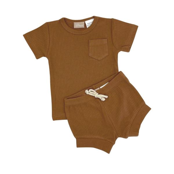 Short Sleeve Ribbed Lounge Set - Iced Latte - 0-3 Months