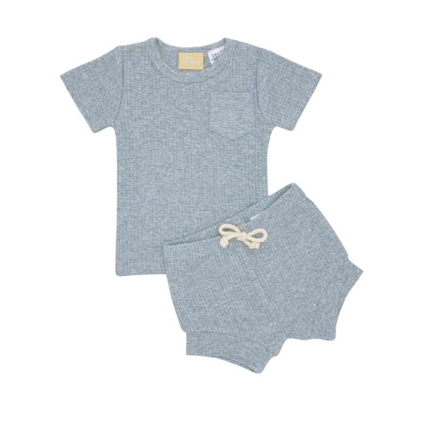 Short Sleeve Ribbed Lounge Set - Cloud Grey - 0-3 Months