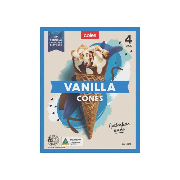 Coles Vanilla Ice Cream Cones 4 Pack 475mL product image