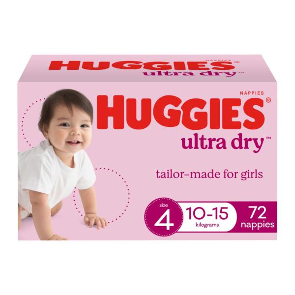 Huggies Ultra Dry Nappies Girls Size 4 (10-15kg) 72 Pack product image
